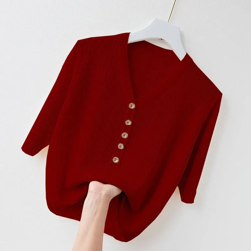 Uus kevadsuvi naiste kampsun lühikeste varrukatega V-kaelusega Slim Fit silmkoelised pulloverid, alumine vabaaja kampsun kudum Naiste pull