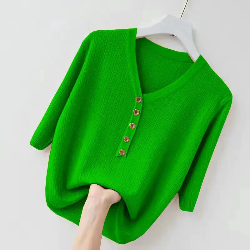 Uus kevadsuvi naiste kampsun lühikeste varrukatega V-kaelusega Slim Fit silmkoelised pulloverid, alumine vabaaja kampsun kudum Naiste pull