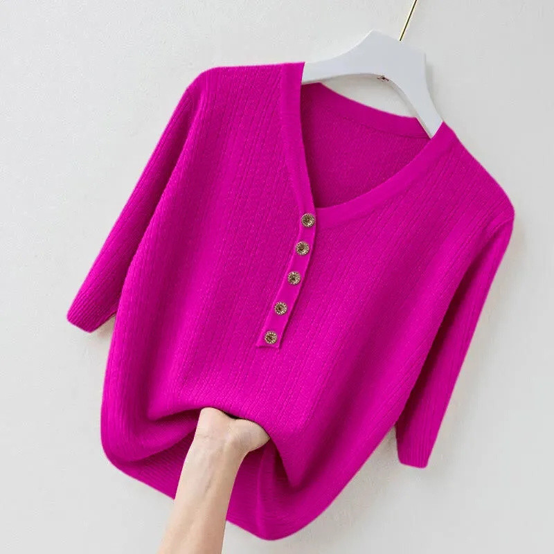 Uus kevadsuvi naiste kampsun lühikeste varrukatega V-kaelusega Slim Fit silmkoelised pulloverid, alumine vabaaja kampsun kudum Naiste pull