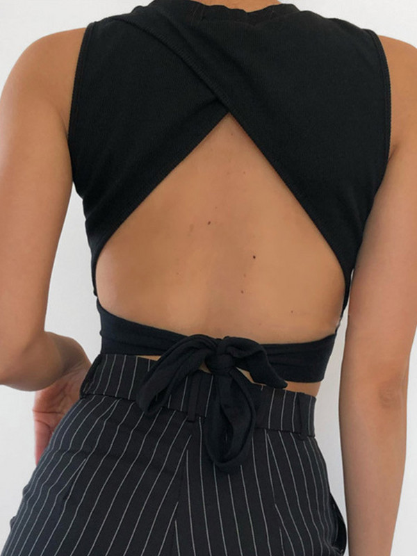 Szexi hát nélküli női pántos pólyás vékony, 2024-es nyári utcai viselet felsők tömör pamut puha, keresztes felső