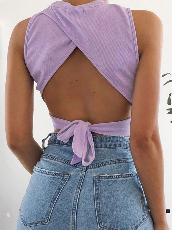 Szexi hát nélküli női pántos pólyás vékony, 2024-es nyári utcai viselet felsők tömör pamut puha, keresztes felső