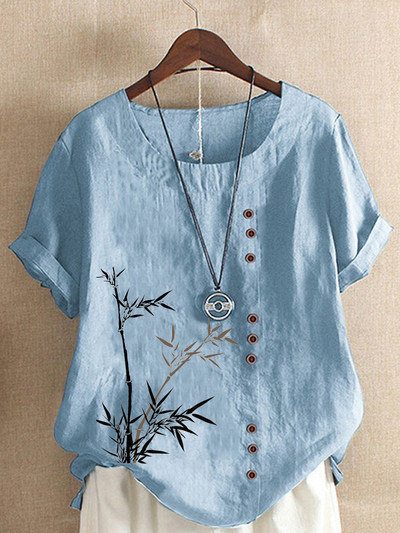 Új női nyári alkalmi bambuszmintás bő pólók Vintage kerek nyakú plusz méretű rövid ujjú blúz felsők S-5XL