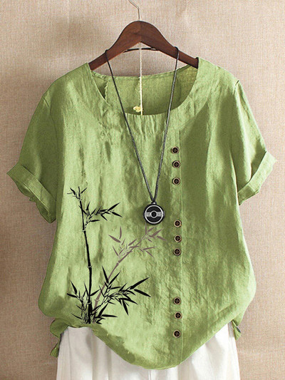 Új női nyári alkalmi bambuszmintás bő pólók Vintage kerek nyakú plusz méretű rövid ujjú blúz felsők S-5XL