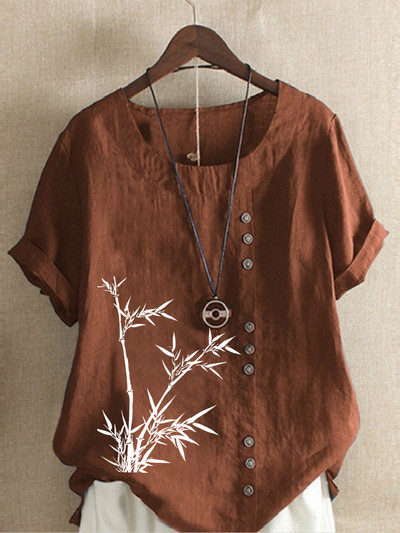 Új női nyári alkalmi bambuszmintás bő pólók Vintage kerek nyakú plusz méretű rövid ujjú blúz felsők S-5XL