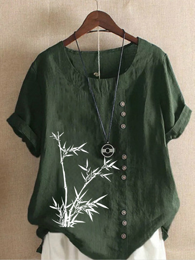 Új női nyári alkalmi bambuszmintás bő pólók Vintage kerek nyakú plusz méretű rövid ujjú blúz felsők S-5XL