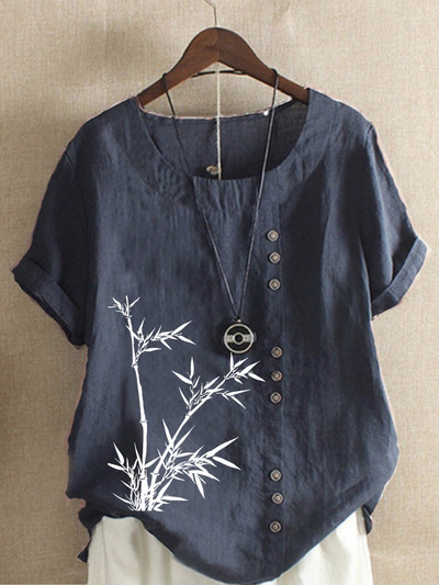 Új női nyári alkalmi bambuszmintás bő pólók Vintage kerek nyakú plusz méretű rövid ujjú blúz felsők S-5XL