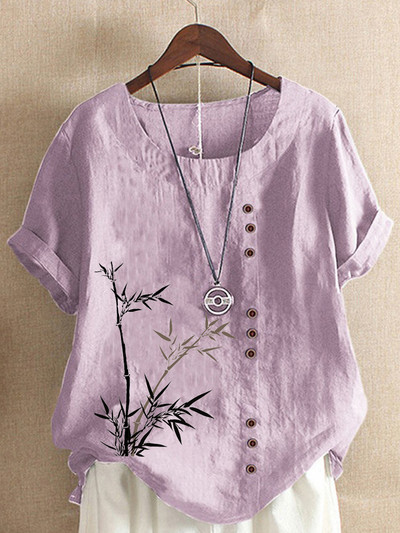 Új női nyári alkalmi bambuszmintás bő pólók Vintage kerek nyakú plusz méretű rövid ujjú blúz felsők S-5XL