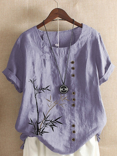 Új női nyári alkalmi bambuszmintás bő pólók Vintage kerek nyakú plusz méretű rövid ujjú blúz felsők S-5XL