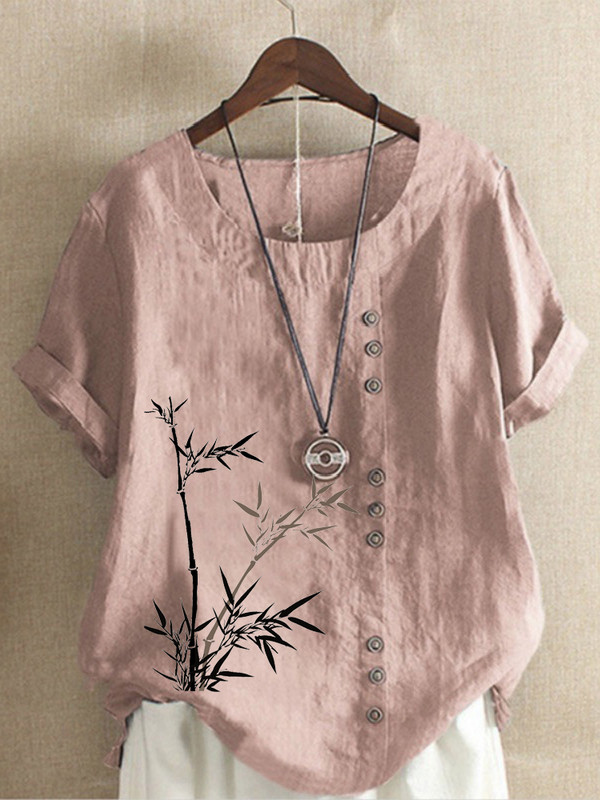 Új női nyári alkalmi bambuszmintás bő pólók Vintage kerek nyakú plusz méretű rövid ujjú blúz felsők S-5XL