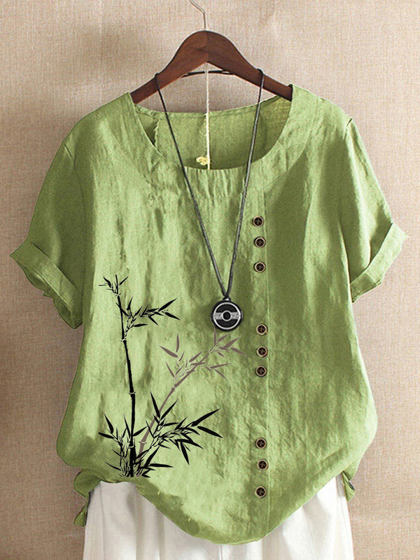 Új női nyári alkalmi bambuszmintás bő pólók Vintage kerek nyakú plusz méretű rövid ujjú blúz felsők S-5XL