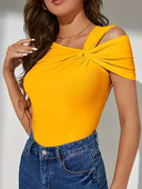 Mugen egyszínű póló rövid ujjú 2024 női ruházat alkalmi felső aszimmetrikus póló nyári sárga S-XXL póló