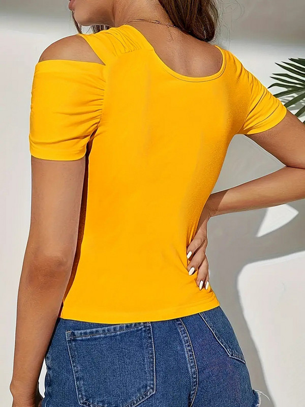 Mugen egyszínű póló rövid ujjú 2024 női ruházat alkalmi felső aszimmetrikus póló nyári sárga S-XXL póló