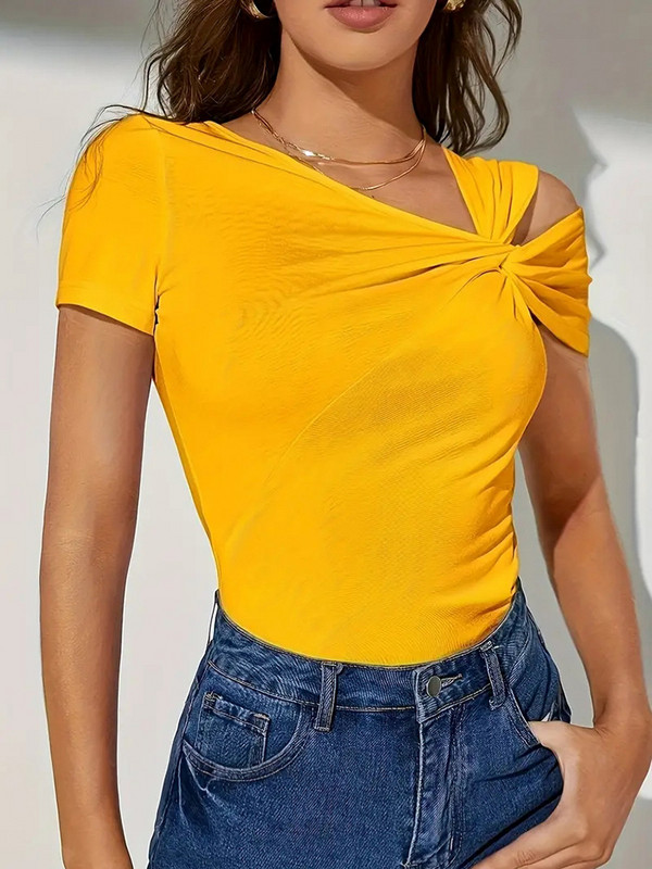 Mugen egyszínű póló rövid ujjú 2024 női ruházat alkalmi felső aszimmetrikus póló nyári sárga S-XXL póló