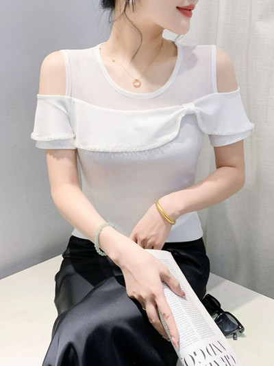 2024 Produs nou îmbinare cu gâtul în afara umărului tricou simplu pentru femeie primăvară vară femeie subțire S-3XL cu mânecă scurtă din bumbac fermecător