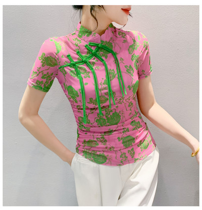 Tricou cu imprimeu floral S-3XL pentru femei Topuri din plasă cu straturi duble pentru femei, vară, cu guler vintage, tricou cu mânecă scurtă cu elasticitate ridicată