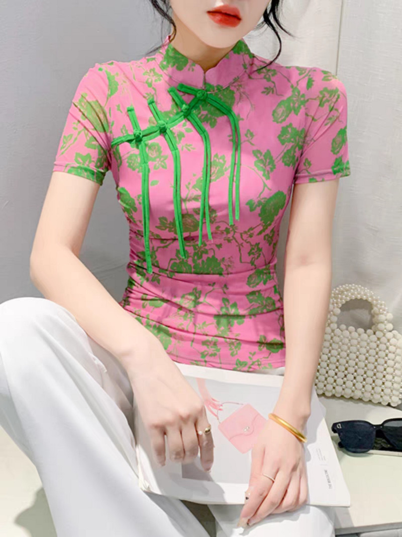 Tricou cu imprimeu floral S-3XL pentru femei Topuri din plasă cu straturi duble pentru femei, vară, cu guler vintage, tricou cu mânecă scurtă cu elasticitate ridicată