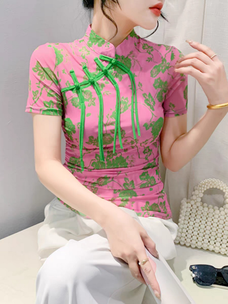 Tricou cu imprimeu floral S-3XL pentru femei Topuri din plasă cu straturi duble pentru femei, vară, cu guler vintage, tricou cu mânecă scurtă cu elasticitate ridicată