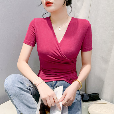 2024 New Arrival Trend Naiste T-särk Spring Summer Cross V-kaelusega Shirring Solid Woman S-4XL Lühikeste varrukatega Õhuke võrkühendus
