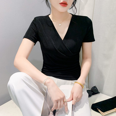 2024 New Arrival Trend Naiste T-särk Spring Summer Cross V-kaelusega Shirring Solid Woman S-4XL Lühikeste varrukatega Õhuke võrkühendus