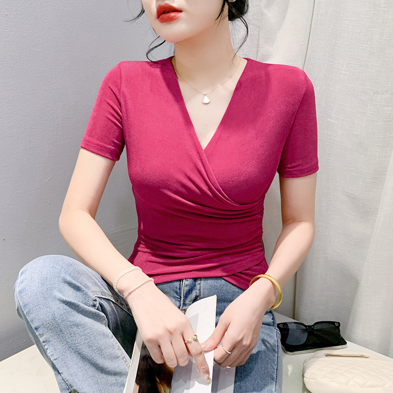 2024 New Arrival Trend Naiste T-särk Spring Summer Cross V-kaelusega Shirring Solid Woman S-4XL Lühikeste varrukatega Õhuke võrkühendus