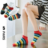 5 perechi de șosete curcubeu pentru femei, în dungi, șosete sport de stradă, la modă de primăvară, roșu, la fel șosete versatile pentru bărci