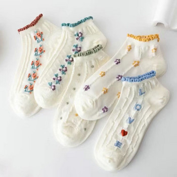 5 чифта / лот чорапи за глезени за жени Crew Цветни без видими ниски невидими памучни тънки противоплъзгащи силиконови дишащи ходещи бели