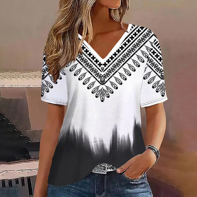 Μόδα γυναικεία μπλουζάκια ρίγες τύπωμα ντεγκραντέ V λαιμόκοψη κοντό μανίκι Βασικά μπλουζάκια Streetwear Καλοκαιρινά ρούχα υπερμεγέθη γυναικεία μπλουζάκια