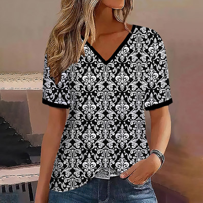 Μόδα γυναικεία μπλουζάκια ρίγες τύπωμα ντεγκραντέ V λαιμόκοψη κοντό μανίκι Βασικά μπλουζάκια Streetwear Καλοκαιρινά ρούχα υπερμεγέθη γυναικεία μπλουζάκια