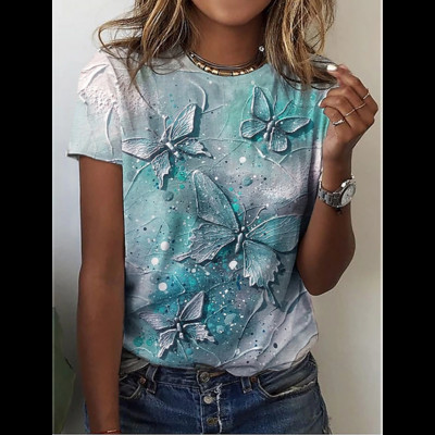 2024-es új, O-nyakú, 3d pillangómintás póló Női póló Nyári divat Rövid ujjú felsők Túlméretes nyári felső női ruházat
