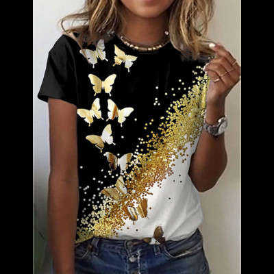 2024-es új, O-nyakú, 3d pillangómintás póló Női póló Nyári divat Rövid ujjú felsők Túlméretes nyári felső női ruházat