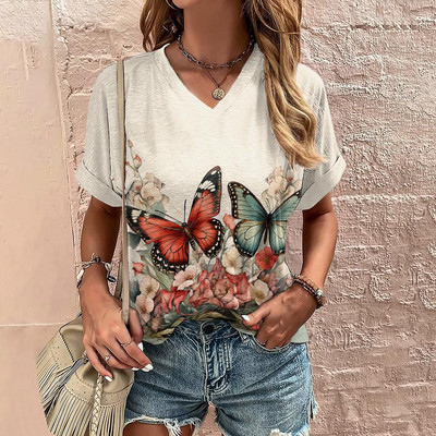 Moodne T-särk Naiste 3D lilled Trükkimine V-kaelusega lühikeste varrukatega Topid T-särgid Suvised ülisuured Riietus Uus Naiste T-särk Pullover