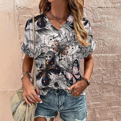 Moodne T-särk Naiste 3D lilled Trükkimine V-kaelusega lühikeste varrukatega Topid T-särgid Suvised ülisuured Riietus Uus Naiste T-särk Pullover