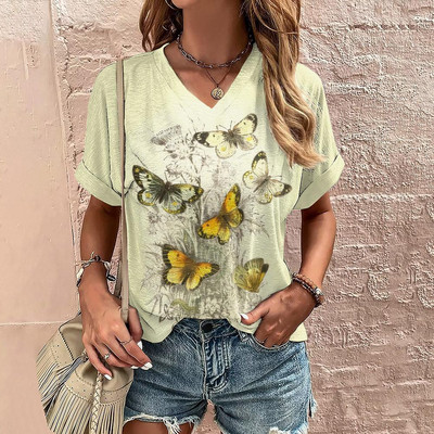 Moodne T-särk Naiste 3D lilled Trükkimine V-kaelusega lühikeste varrukatega Topid T-särgid Suvised ülisuured Riietus Uus Naiste T-särk Pullover