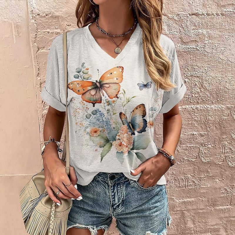 Moodne T-särk Naiste 3D lilled Trükkimine V-kaelusega lühikeste varrukatega Topid T-särgid Suvised ülisuured Riietus Uus Naiste T-särk Pullover