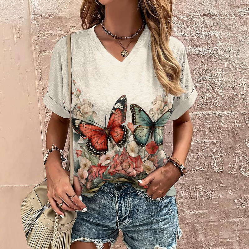 Moodne T-särk Naiste 3D lilled Trükkimine V-kaelusega lühikeste varrukatega Topid T-särgid Suvised ülisuured Riietus Uus Naiste T-särk Pullover