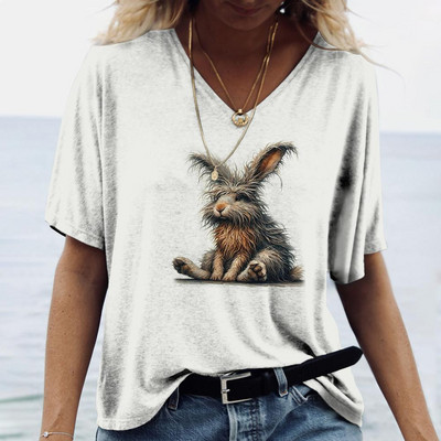Tricou de damă pentru vară cu imprimeu animal, ocazional, cu mânecă scurtă, cu iepure, pentru femei, cu decolteu în V, îmbrăcăminte supradimensionată, pulover de modă