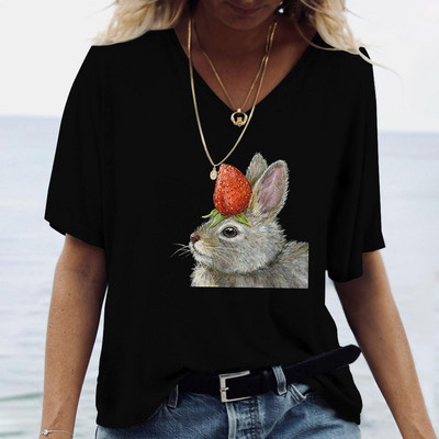 Tricou de damă pentru vară cu imprimeu animal, ocazional, cu mânecă scurtă, cu iepure, pentru femei, cu decolteu în V, îmbrăcăminte supradimensionată, pulover de modă