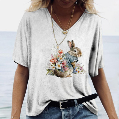 Tricou de damă pentru vară cu imprimeu animal, ocazional, cu mânecă scurtă, cu iepure, pentru femei, cu decolteu în V, îmbrăcăminte supradimensionată, pulover de modă