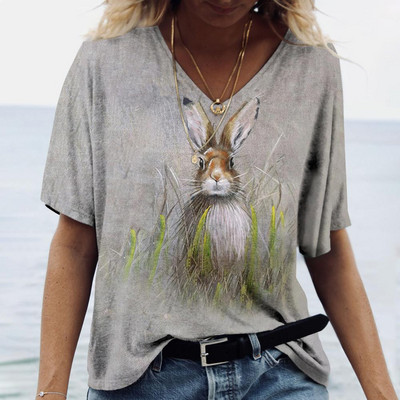 Tricou de damă pentru vară cu imprimeu animal, ocazional, cu mânecă scurtă, cu iepure, pentru femei, cu decolteu în V, îmbrăcăminte supradimensionată, pulover de modă