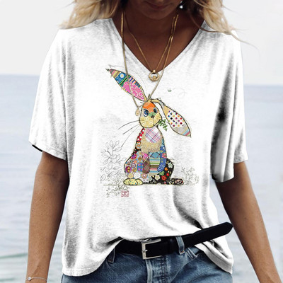 Tricou de damă pentru vară cu imprimeu animal, ocazional, cu mânecă scurtă, cu iepure, pentru femei, cu decolteu în V, îmbrăcăminte supradimensionată, pulover de modă
