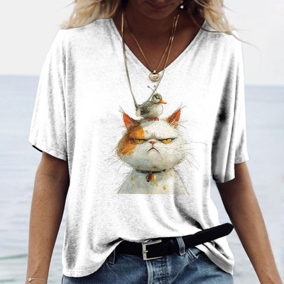 Tricou de damă pentru vară cu imprimeu animal, ocazional, cu mânecă scurtă, cu iepure, pentru femei, cu decolteu în V, îmbrăcăminte supradimensionată, pulover de modă