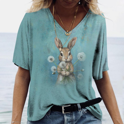 Tricou de damă pentru vară cu imprimeu animal, ocazional, cu mânecă scurtă, cu iepure, pentru femei, cu decolteu în V, îmbrăcăminte supradimensionată, pulover de modă