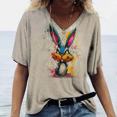 Tricou de damă pentru vară cu imprimeu animal, ocazional, cu mânecă scurtă, cu iepure, pentru femei, cu decolteu în V, îmbrăcăminte supradimensionată, pulover de modă