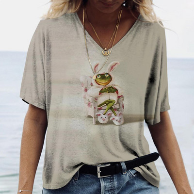 Tricou de damă pentru vară cu imprimeu animal, ocazional, cu mânecă scurtă, cu iepure, pentru femei, cu decolteu în V, îmbrăcăminte supradimensionată, pulover de modă