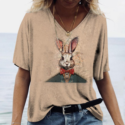 Tricou de damă pentru vară cu imprimeu animal, ocazional, cu mânecă scurtă, cu iepure, pentru femei, cu decolteu în V, îmbrăcăminte supradimensionată, pulover de modă