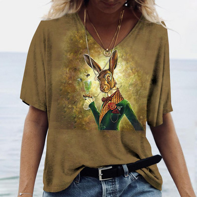 Tricou de damă pentru vară cu imprimeu animal, ocazional, cu mânecă scurtă, cu iepure, pentru femei, cu decolteu în V, îmbrăcăminte supradimensionată, pulover de modă