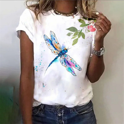 Bluză nouă de modă de vară, tricou pentru femei, cu imprimeu cu libelule, decolteu, cu mânecă scurtă, tricou de modă, tricou casual, îmbrăcăminte pentru femei