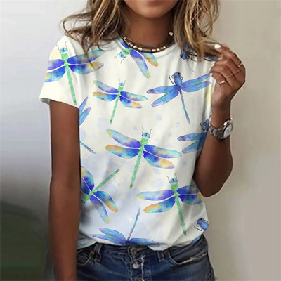 Bluză nouă de modă de vară, tricou pentru femei, cu imprimeu cu libelule, decolteu, cu mânecă scurtă, tricou de modă, tricou casual, îmbrăcăminte pentru femei