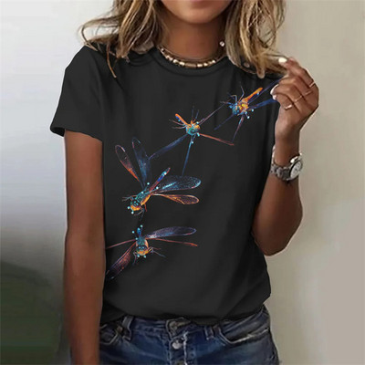 Bluză nouă de modă de vară, tricou pentru femei, cu imprimeu cu libelule, decolteu, cu mânecă scurtă, tricou de modă, tricou casual, îmbrăcăminte pentru femei