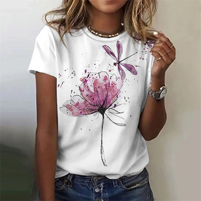 Bluză nouă de modă de vară, tricou pentru femei, cu imprimeu cu libelule, decolteu, cu mânecă scurtă, tricou de modă, tricou casual, îmbrăcăminte pentru femei